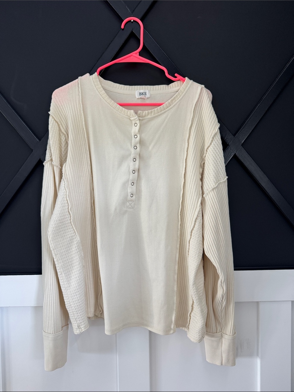 BKE Ivory Henley Waffle & Rib Mixed-Knit Top